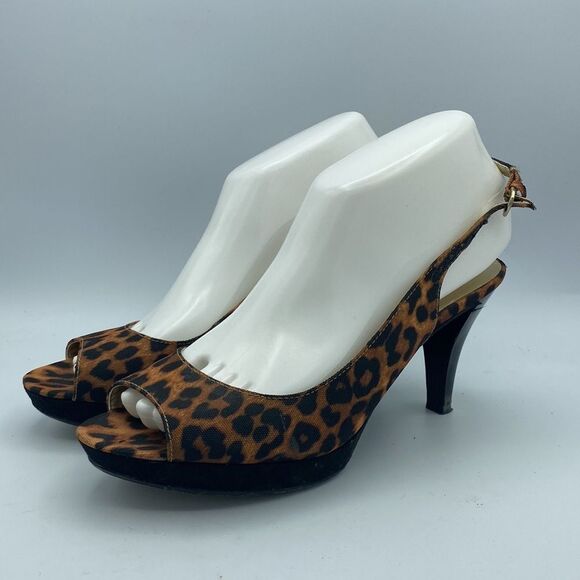 Nine West Animal Print Peep Toe Stiletto Heel Slingback Sandals Brown Size 7M - Picture 2 of 6